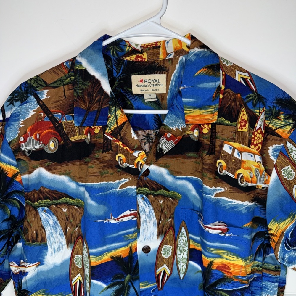 Royal Hawaiian Creations Shirt Mens XL Made in Hawaii Surfing Beach Cars Planes